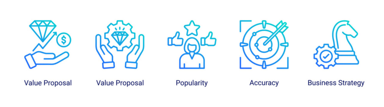 Business value icon set featuring value proposition,strategy,popularity and accuracy concepts for marketing,branding and business development projects.
