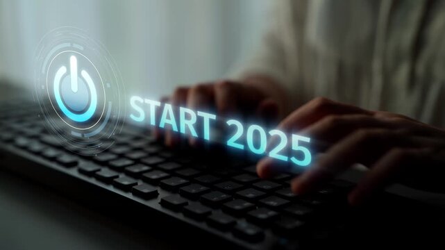 Start 2025 concept with futuristic power button symbolizing fresh beginnings, innovation, and digital transformation. Start 2025, new goals, and start 2025 initiative. Muxer