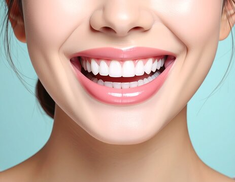 Woman showing her teeth in a wide and cheerful smile with soft pink lips illuminated by bright studio lighting.