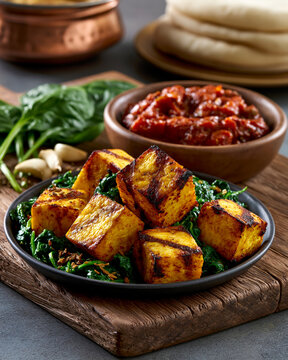 Grilled paneer with spinach cumin garlic and tomato masala showcasing insulin resistance friendly Indian comfort meal and balanced nutrition