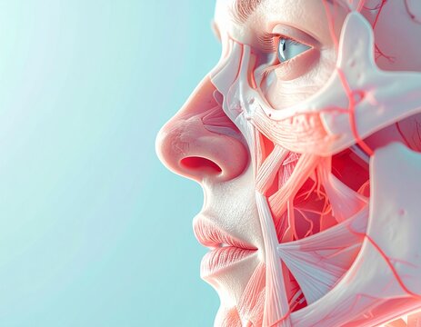 Anatomy of the human facial profile demonstrates complex muscle and bone integration in this medical illustration.