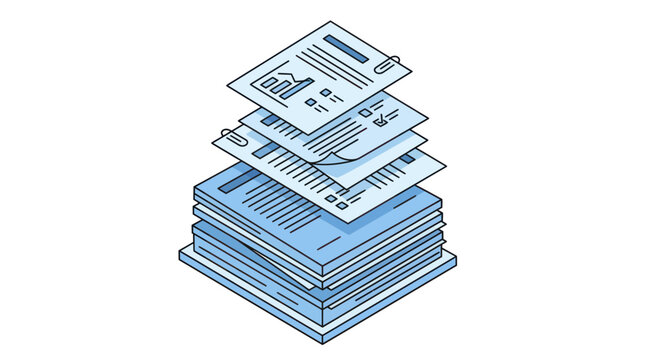 Stacked business papers with charts and checklists in isometric style