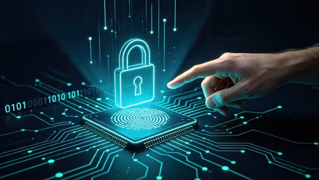 Cyber security concept featuring a glowing digital padlock and fingerprint scan on a microchip, representing data protection, encryption, biometric authentication