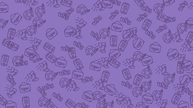 Purple background pattern with repeated sketches of mail envelopes, speakers, phone icons in line art style. Suitable for digital designs.
