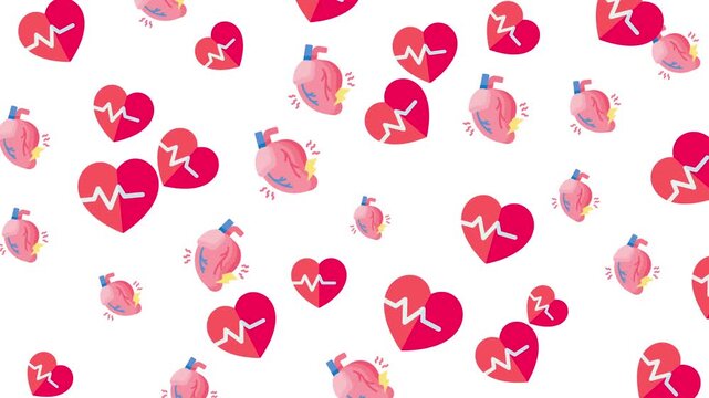 Animated seamless heart health pattern featuring cardiology, ECG heartbeat symbols, and cardiovascular medical icons. Perfect for healthcare, wellness, hospital, and medical content.