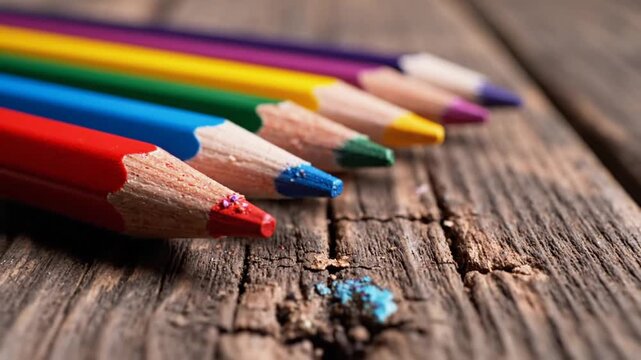 Row of sharp colored pencils on a weathered wooden table
