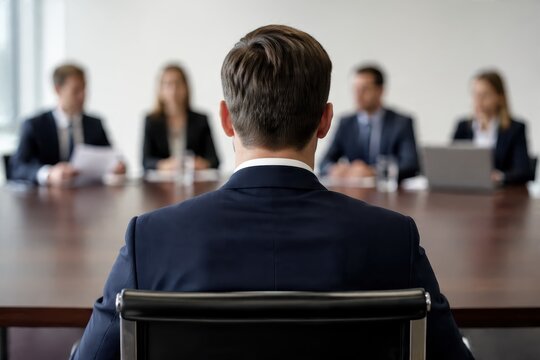 Job interview candidate facing panel of interviewers in conference room, professional recruitment meeting, hiring process and human resources concept