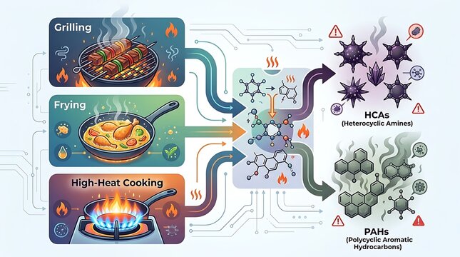 Infographic showing chemical reactions during high heat cooking