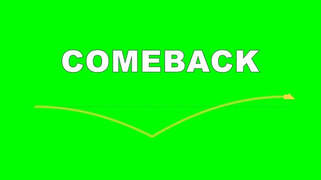 4K green screen COMEBACK animated title - a falling line bottoms out and surges back up past the start, kinetic typography motion graphics intro overlay, chroma key