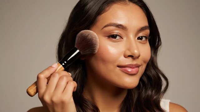 A young smiling woman with long dark wavy hair applies blush or powder to her cheekbone using a large soft makeup brush against a neutral studio background.