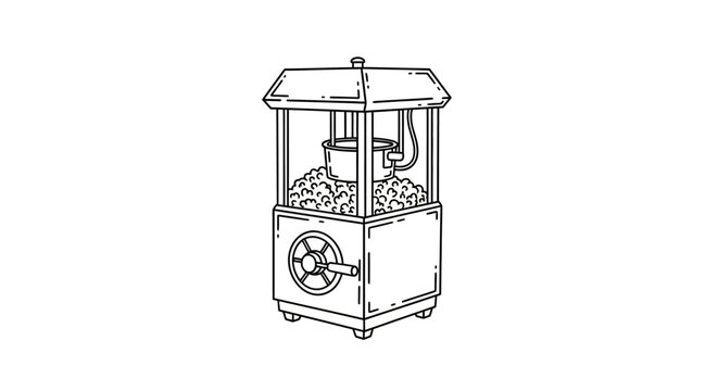 Vintage popcorn machine illustration in black and white.