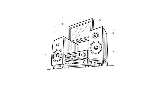 Vintage stereo system with speakers and television sketch.