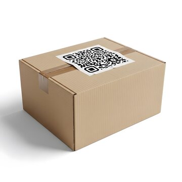 Close-up of a cardboard box with a QR code on top, isolated on white background