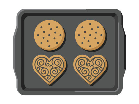 Top view vector illustration of heart and round shaped cookies on a dark baking sheet for bakery marketing and home cooking concepts