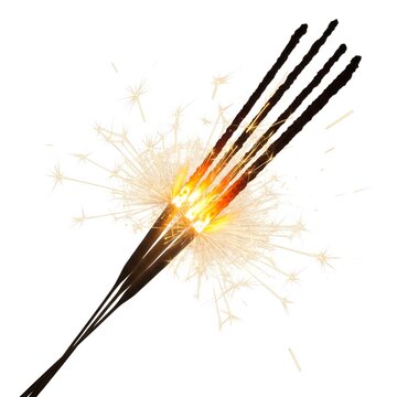 Spark flying from metal fork with bright orange glow on dark textured background