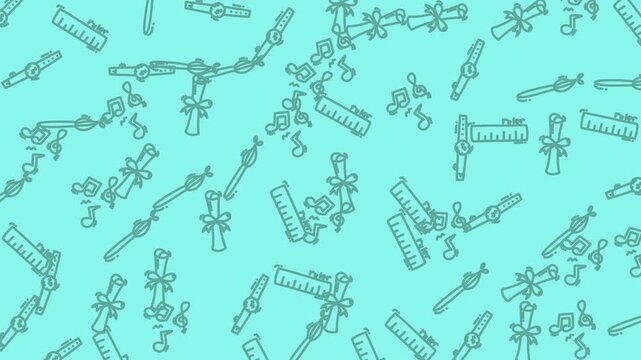 Rulers diplomas music notes symbols pattern on light blue background. Suitable for educational materials, musicthemed designs. Versatile and simple.