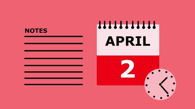 April 2nd calendar page notes template red background daily planner desk calendar date month.