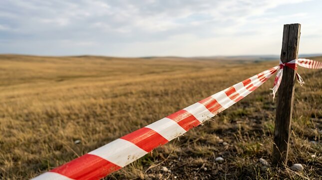 Red and white barrier tape marking a boundary in a grassy field