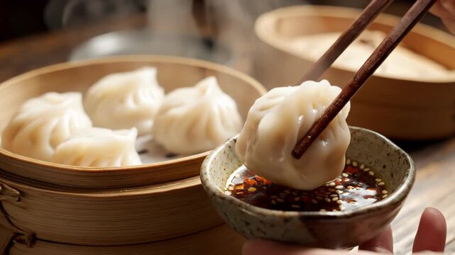 Close-up of hot steaming Chinese dim sum dumplings in a bamboo steamer basket being picked up with wooden chopsticks next to a bowl of spicy soy dipping sauce with sesame seeds.