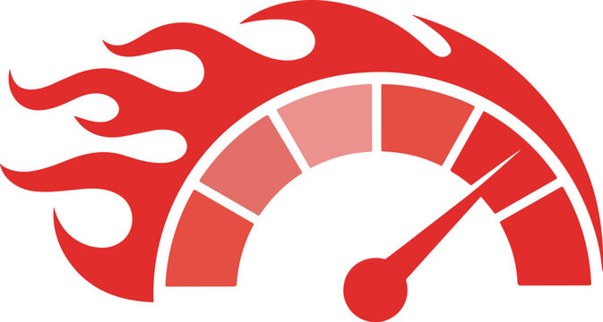 Fiery speedometer gauge icon with blazing flames representing high performance acceleration racing speed and automotive power