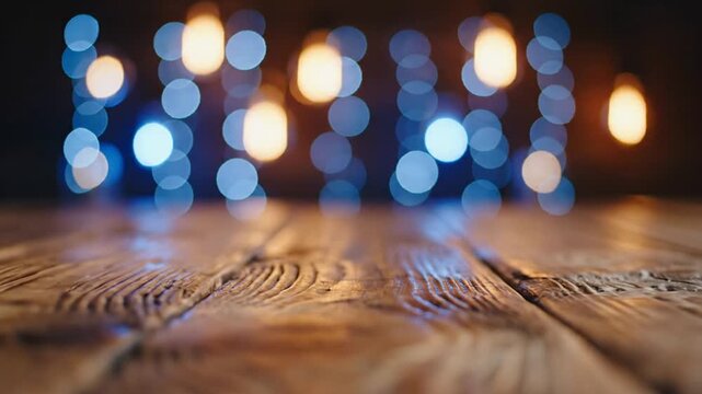 Rustic weathered wooden tabletop with blue and warm yellow bokeh lights in the background