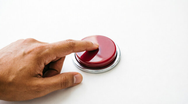 Hand pressing shiny button symbolizing decision urgency activation trigger action responsibility.