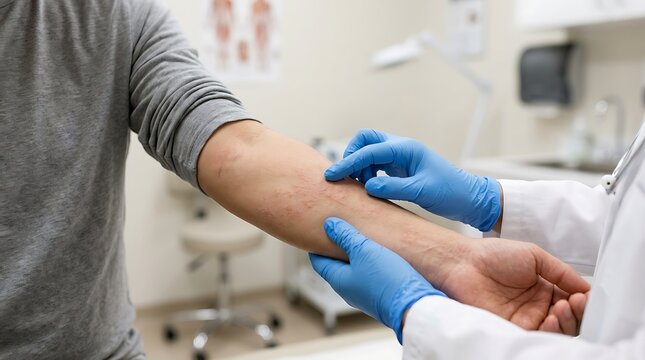 Doctor in blue gloves examining a patient's arm with a skin rash or allergic reaction in a medical clinic, focusing on dermatology consultation and...