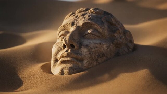 Close up of an ancient classical stone statue head half-buried in dry desert sand dunes.