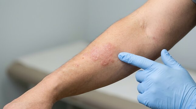 Dermatologist in blue medical glove examining inflamed skin rash on patient's forearm, highlighting skin irritation and professional diagnosis