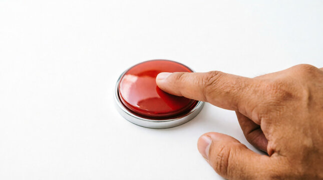 Hand pressing shiny button symbolizing decision urgency activation trigger action responsibility.