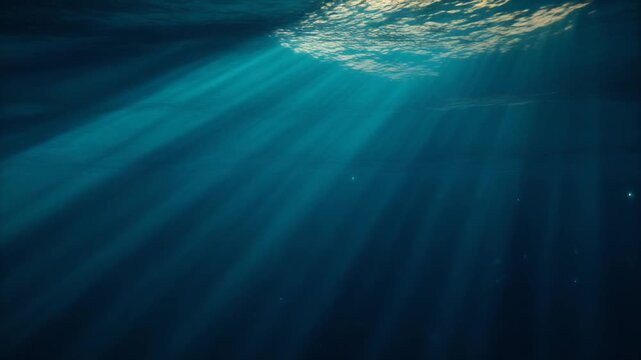 Abstract deep blue underwater background with beautiful sunlight rays shining through the ocean surface.