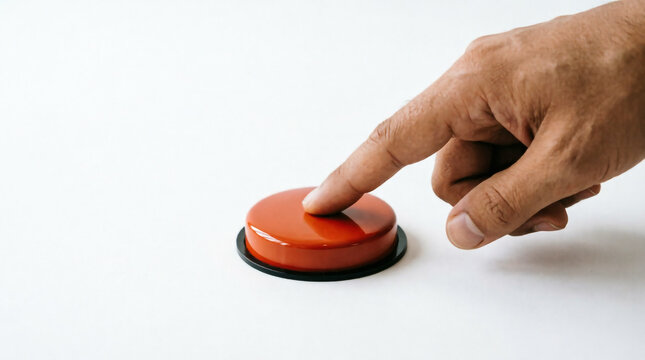 Hand pressing shiny button symbolizing decision urgency activation trigger action responsibility.