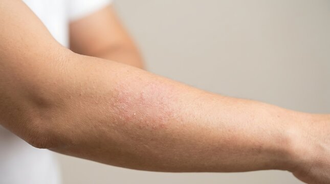 Close-up of Allergic Skin Rash on Forearm: Red, Inflamed, Itchy Skin Condition like Eczema or Dermatitis, Indicating Irritation or Allergic Reaction