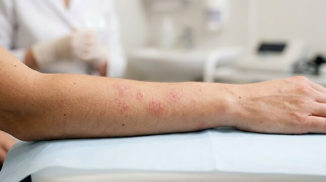 Close-up of Red Inflamed Skin Rash on Patient's Forearm During Medical Examination in Clinic