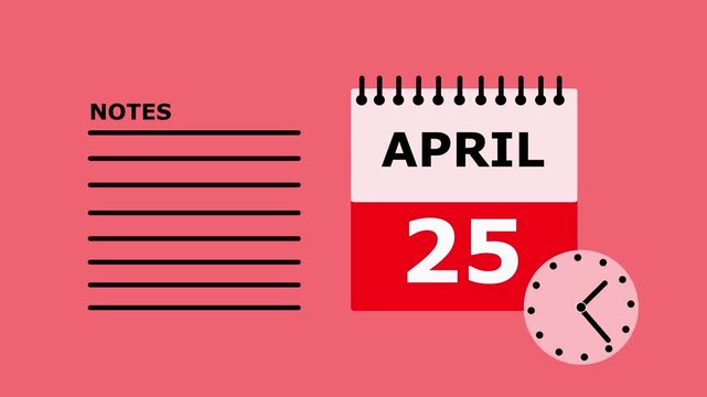 April 25 calendar page notes template red background date to do list.