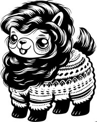Fototapeta premium Cute New Year tattoo design, SVG with clean lines. Cartoon Alpaca with Stylish Sweater and Adorable Facial Expression