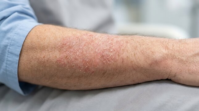 Severe Allergic Dermatitis Rash on Human Forearm: Close-up of Inflamed, Dry, and Irritated Skin Condition