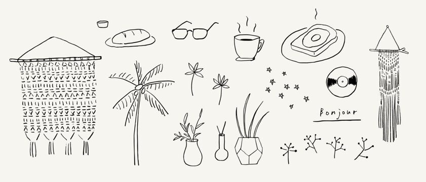 Hand-drawn simple line illustrations of everyday objects, for vector stock image