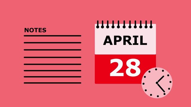 Calendar page showing April 28th with notes section on pink background date.