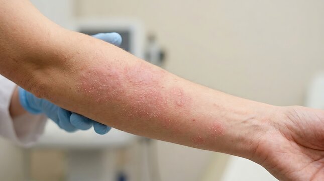 Medical professional in blue gloves examining a patient's inflamed forearm with a severe red skin rash, indicating dermatitis or an allergic reacti...