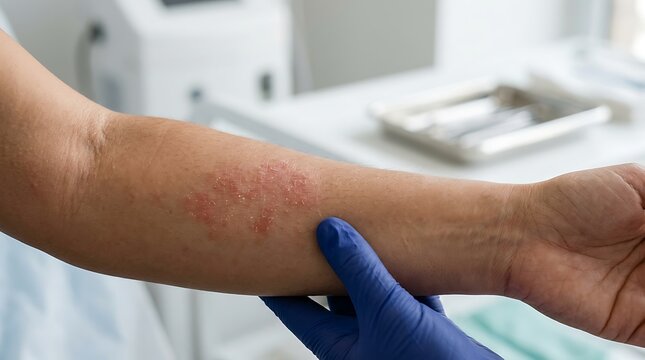 Healthcare Professional Examining Red Allergic Rash or Eczema on Patient's Forearm in Clinic
