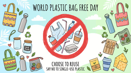 Fototapeta premium World Plastic Bag Free Day banner, zero waste lifestyle illustration with reusable items, eco friendly concept for single use plastic ban