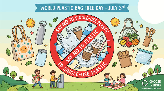 World Plastic Bag Free Day banner, zero waste lifestyle illustration, say no to single-use plastic campaign poster with eco-friendly alternatives