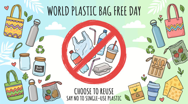 World Plastic Bag Free Day banner, zero waste lifestyle illustration with reusable items, eco friendly concept for single use plastic ban