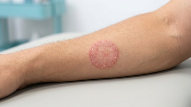 Close-up of a circular red skin rash on a human forearm, indicating a dermatological condition or allergic reaction in a medical clinic setting.