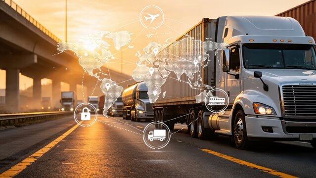 Logistics trucks on highway at sunset with global supply chain map overlay