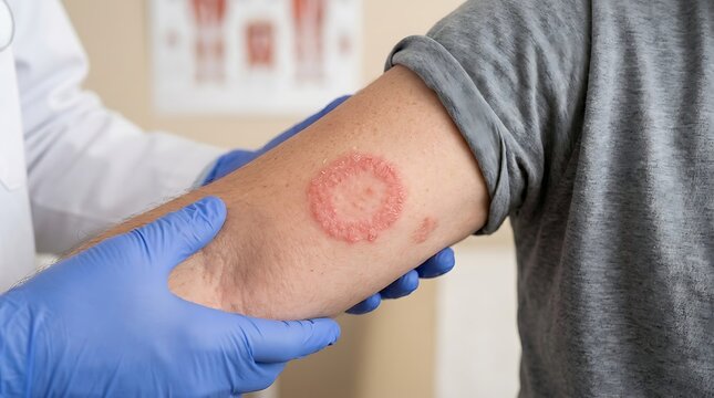 Doctor examining a patient's arm with a red circular skin rash, likely a fungal infection like ringworm or tinea corporis, in a medical clinic setting