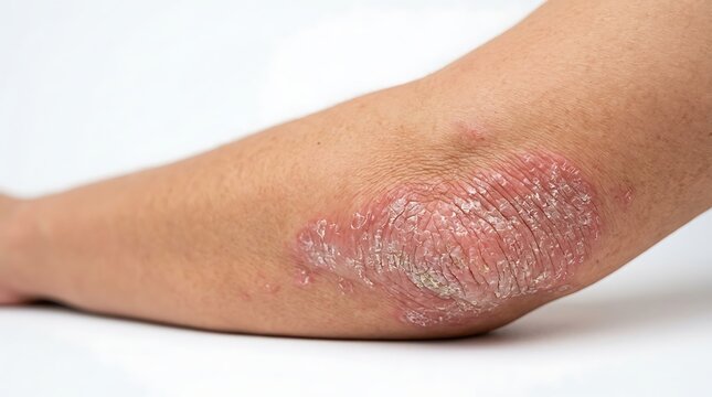 Close-up of Severe Psoriasis on Human Elbow, Featuring Inflamed, Red, and Scaly Skin Patches