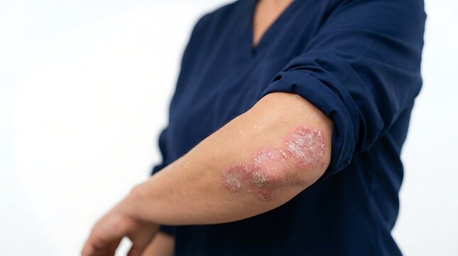Close-up of Psoriasis Skin Lesions on a Person's Elbow, Showing Red, Scaly Patches, Dermatological Condition
