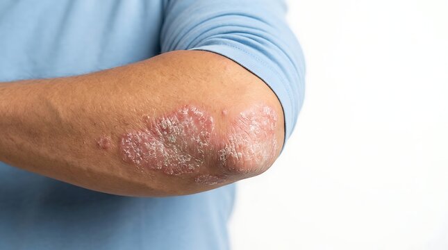 Psoriasis on Elbow: Close-up of Red, Inflamed, and Scaly Skin Condition on a Human Arm, Representing Chronic Dermatological Issues
